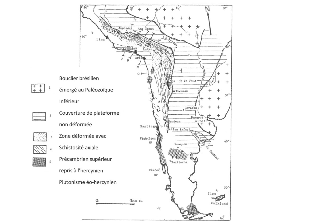 Carte montrant l’extension du plissement éo-hercynien dans les Andes centrales