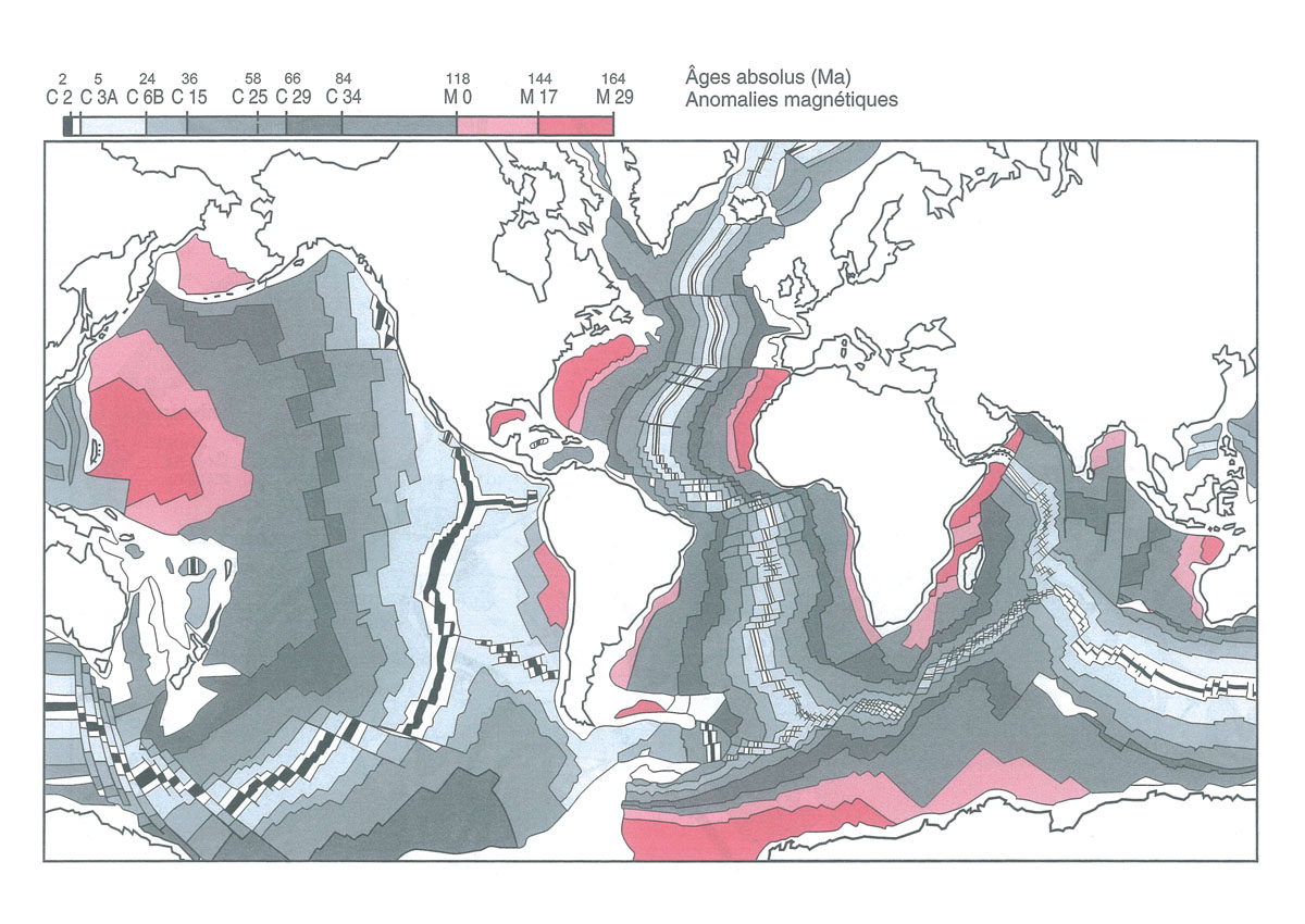 Carte des âges des fonds océaniques déduite des anomalies magnétiques